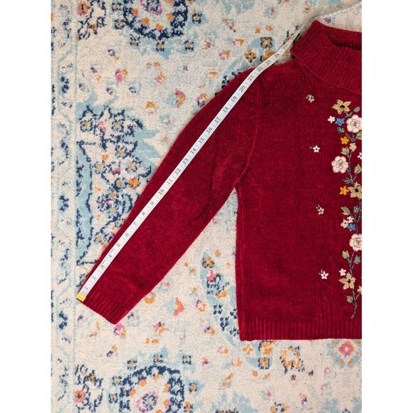 Alfred Dunner Petite Red Chenille Floral Embroidered Split‎ Turtleneck Sweater - - Picture 8 of 9